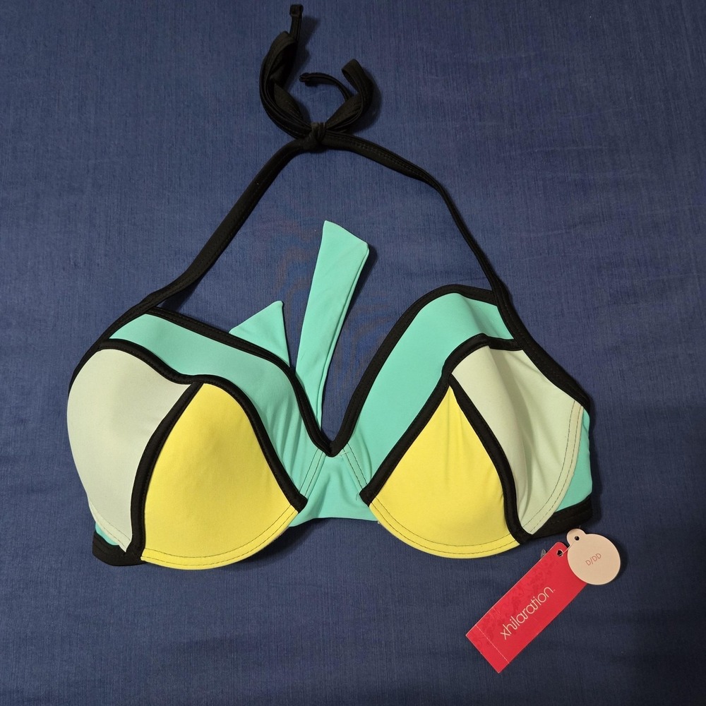 Xhilaration NEW Swim Top Womens D/DD Multicolor Colorblock Halter Padded Bikini
